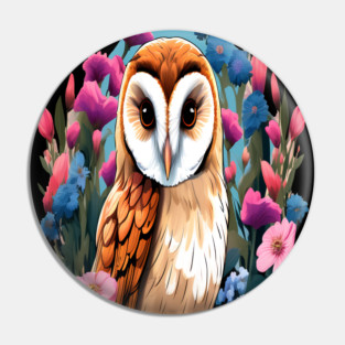 Cute European Barn Owl Surrounded by Bold Vibrant Spring Flowers Pin