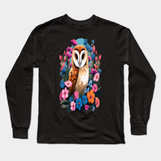 Cute European Barn Owl Surrounded by Bold Vibrant Spring Flowers Long Sleeve T-Shirt