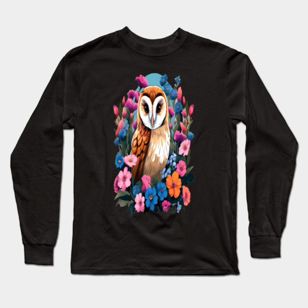 Cute European Barn Owl Surrounded by Bold Vibrant Spring Flowers Long Sleeve T-Shirt by BirdsnStuff