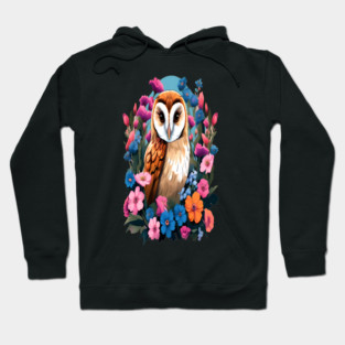 Cute European Barn Owl Surrounded by Bold Vibrant Spring Flowers Hoodie