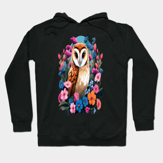 Cute European Barn Owl Surrounded by Bold Vibrant Spring Flowers Hoodie by BirdsnStuff