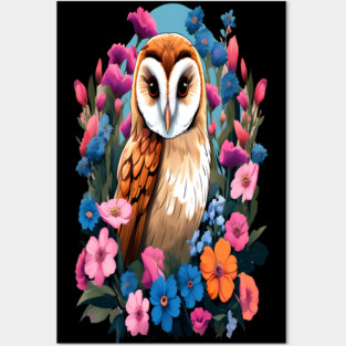 Cute European Barn Owl Surrounded by Bold Vibrant Spring Flowers Posters and Art