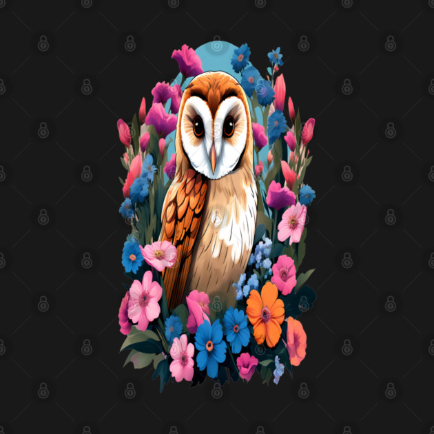 Cute European Barn Owl Surrounded by Bold Vibrant Spring Flowers by BirdsnStuff