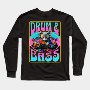 DRUM AND BASS  - Psychedelic Cat Dj (pink/blue) Long Sleeve T-Shirt