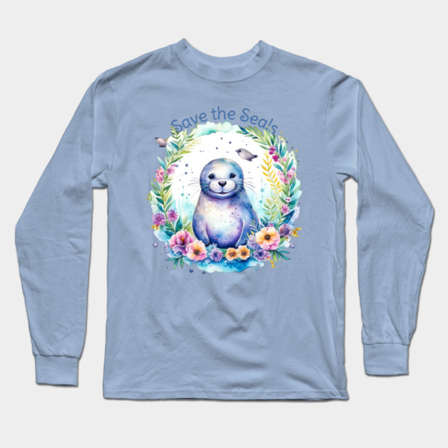 Watercolor Save the Seals Long Sleeve T-Shirt by HolidayBug