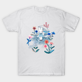 Bunny in the rain surrounded by flowers T-Shirt