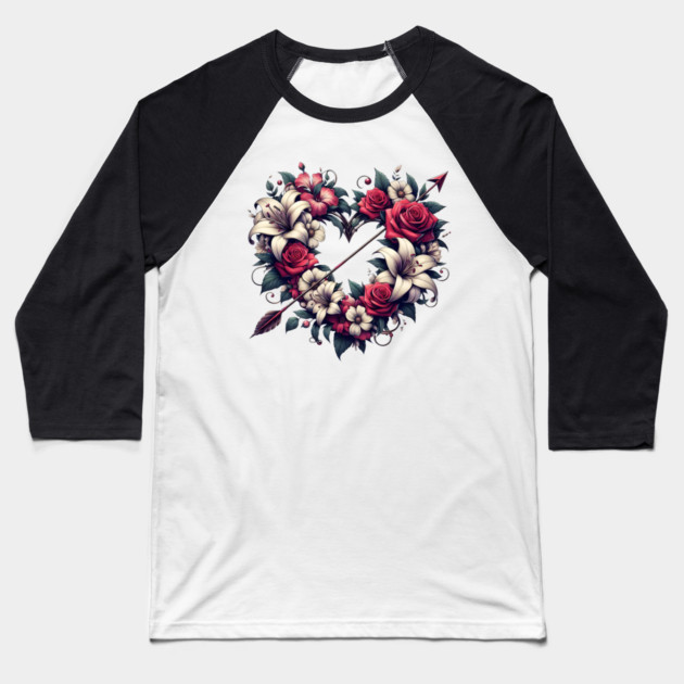 Floral Heart with Arrow – Romantic Love & Valentine Gift Baseball T-Shirt by MakerMind8.2