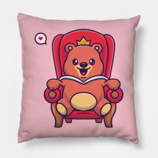 Cute Bear King Sitting On The Royal Chair Cartoon Pillow