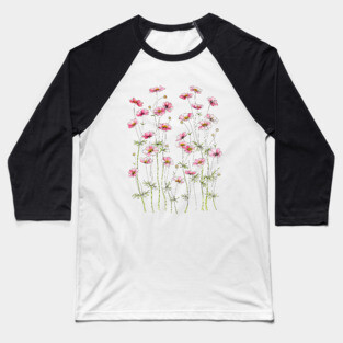 Pink Cosmos Flowers, Illustration Baseball T-Shirt