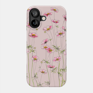 Pink Cosmos Flowers, Illustration Phone Case
