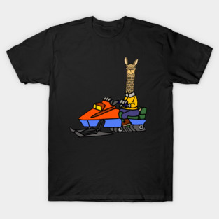Funny Llama Snowmobiling Cartoon T-Shirt