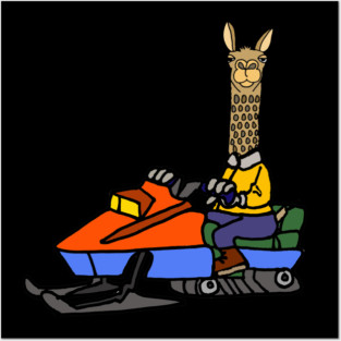 Funny Llama Snowmobiling Cartoon Posters and Art