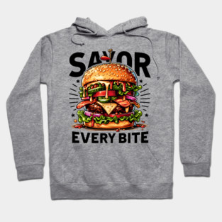 Savor Every Bite – Bold Juicy Burger Foodie Graphic Hoodie