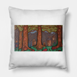 Folk Forest Cottages Pillow
