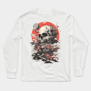 Asian-Inspired Skull & Floral Fusion, Mystical Mountain Blossoms, Transient Life Artwork Long Sleeve T-Shirt