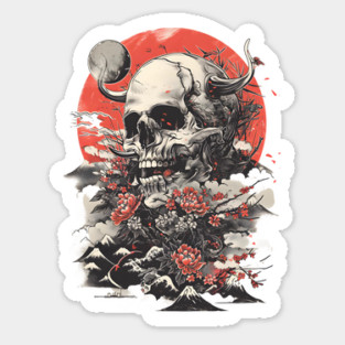 Asian-Inspired Skull & Floral Fusion, Mystical Mountain Blossoms, Transient Life Artwork Magnet