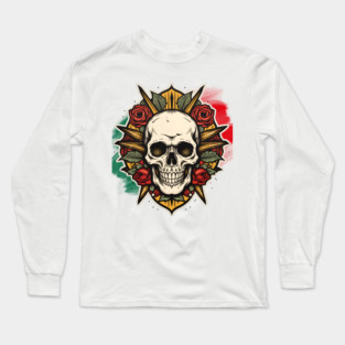 Rebel Roses: Gothic Skull Surrounded by Lush Florals, Dartboard-Inspired, Edgy Tattoo Artwork Long Sleeve T-Shirt
