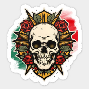 Rebel Roses: Gothic Skull Surrounded by Lush Florals, Dartboard-Inspired, Edgy Tattoo Artwork Magnet