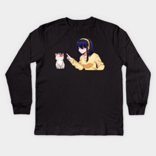 Funny Girl annoyed at Cat, Anime Style Kids Long Sleeve T-Shirt
