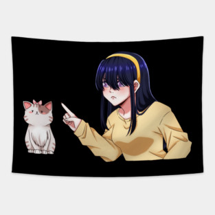 Funny Girl annoyed at Cat, Anime Style Tapestry
