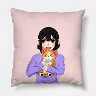 Cute Corgi with Anime Girl Pillow