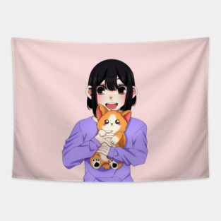 Cute Corgi with Anime Girl Tapestry