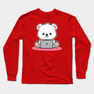 Cartoon Polar Bear on Computer Long Sleeve T-Shirt