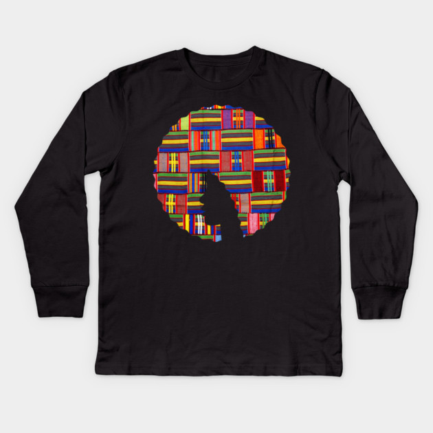 Afro Hair Woman with African Pattern, Black History Kids Long Sleeve T-Shirt by logiamerch