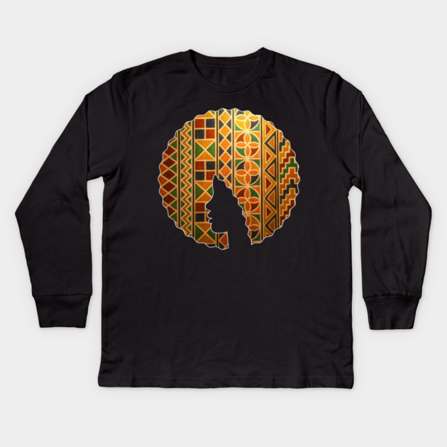Afro Hair Woman with African Pattern, Black History Kids Long Sleeve T-Shirt by logiamerch