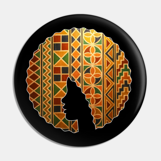 Afro Hair Woman with African Pattern, Black History Pin by logiamerch