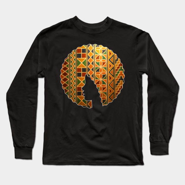 Afro Hair Woman with African Pattern, Black History Long Sleeve T-Shirt by logiamerch