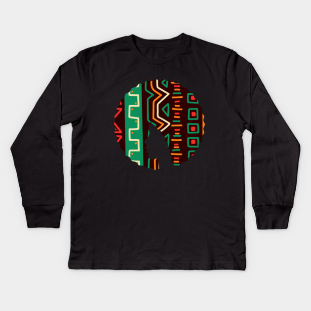 Afro Hair Woman with African Pattern, Black History Kids Long Sleeve T-Shirt by logiamerch