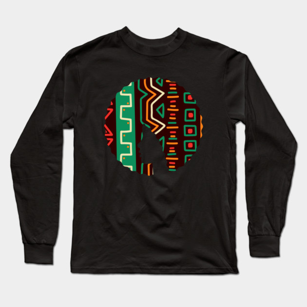 Afro Hair Woman with African Pattern, Black History Long Sleeve T-Shirt by logiamerch