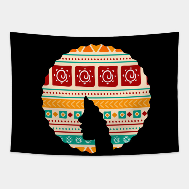Afro Hair Woman with African Pattern, Black History Tapestry by logiamerch