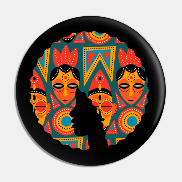 Afro Hair Woman with African Pattern, Black History Pin by logiamerch