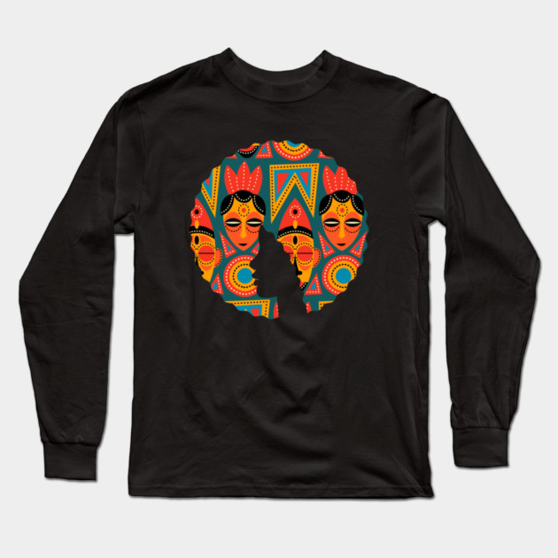Afro Hair Woman with African Pattern, Black History Long Sleeve T-Shirt by logiamerch