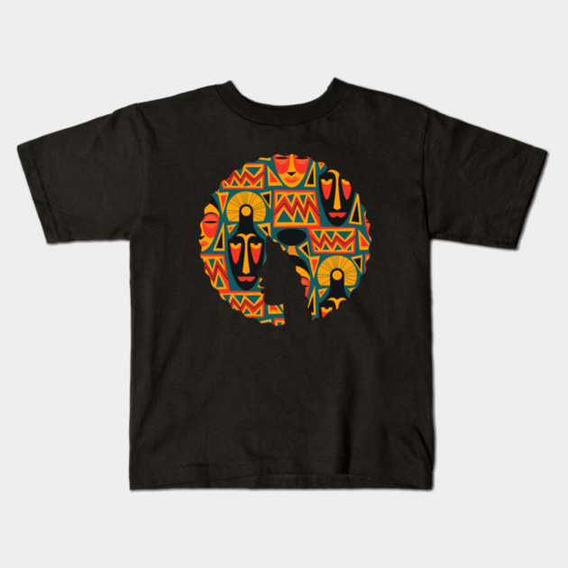 Afro Hair Woman with African Pattern, Black History Kids T-Shirt by logiamerch