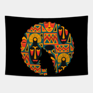 Afro Hair Woman with African Pattern, Black History Tapestry