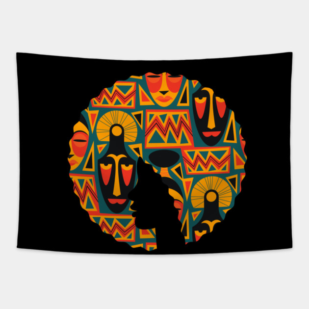 Afro Hair Woman with African Pattern, Black History Tapestry by logiamerch