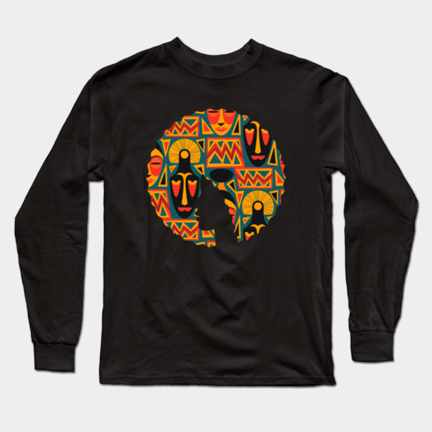 Afro Hair Woman with African Pattern, Black History Long Sleeve T-Shirt by logiamerch