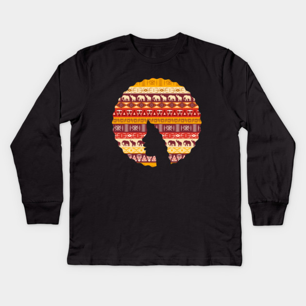 Afro Hair Woman with African Pattern, Black History Kids Long Sleeve T-Shirt by logiamerch
