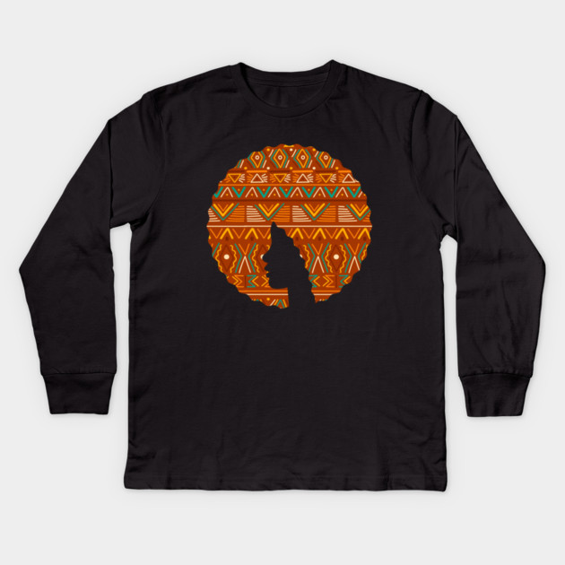 Afro Hair Woman with African Pattern, Black History Kids Long Sleeve T-Shirt by logiamerch