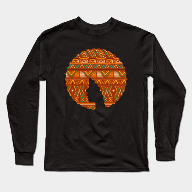 Afro Hair Woman with African Pattern, Black History Long Sleeve T-Shirt by logiamerch