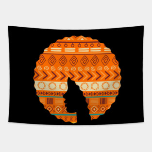 Afro Hair Woman with African Pattern, Black History Tapestry