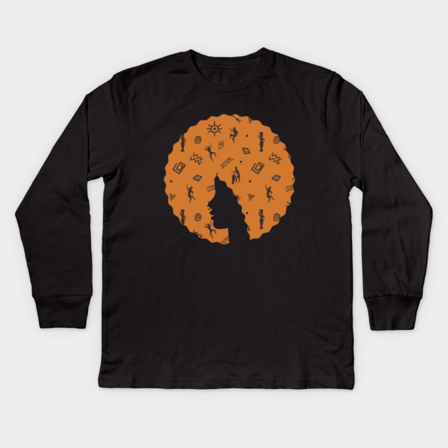 Afro Hair Woman with African Pattern, Black History Kids Long Sleeve T-Shirt by logiamerch
