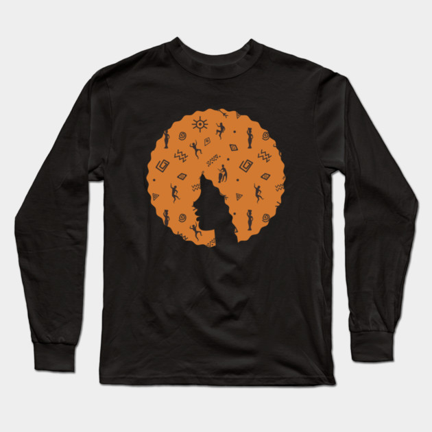 Afro Hair Woman with African Pattern, Black History Long Sleeve T-Shirt by logiamerch