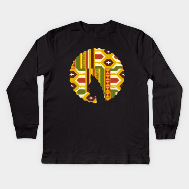 Afro Hair Woman with African Pattern, Black History Kids Long Sleeve T-Shirt by logiamerch