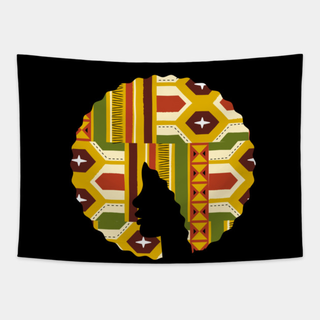 Afro Hair Woman with African Pattern, Black History Tapestry by logiamerch