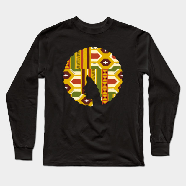 Afro Hair Woman with African Pattern, Black History Long Sleeve T-Shirt by logiamerch