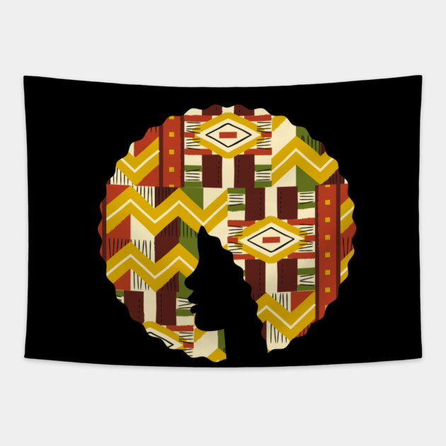 Afro Hair Woman with African Pattern, Black History Tapestry by logiamerch